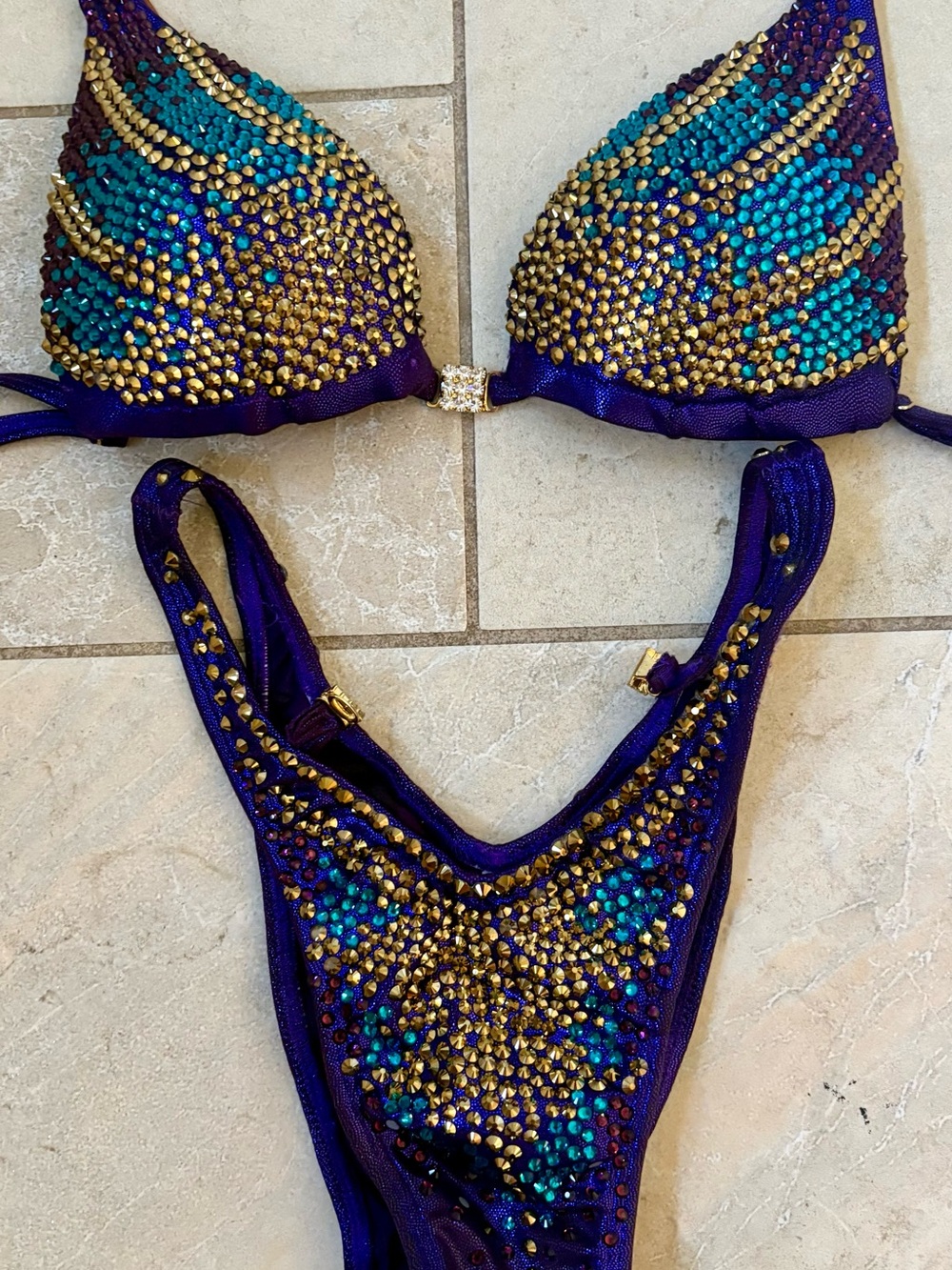 NPC/IFBB figure/WPD Purple/Gold Jeweled stage suit; w/xtra stones & jewelry